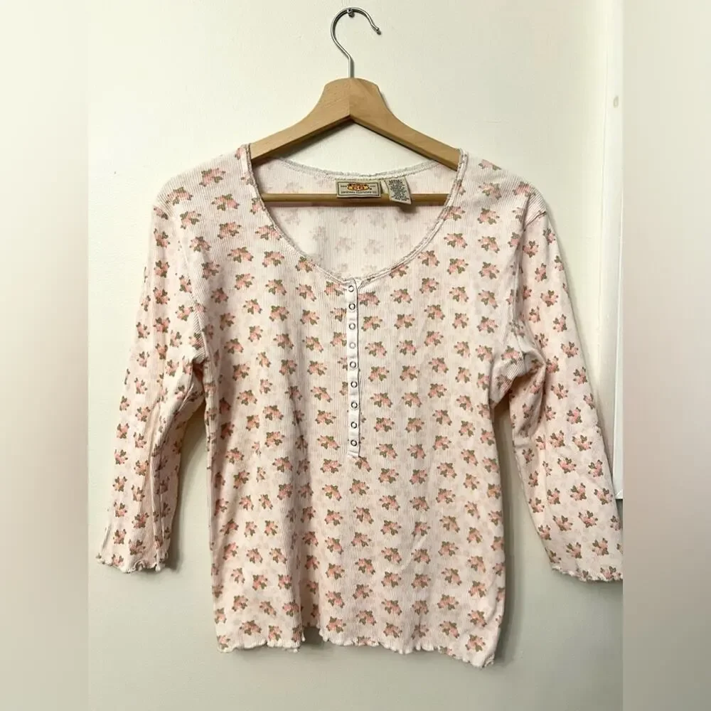 Vintage y2k coquette floral rose print Henley top large loveshackfancy